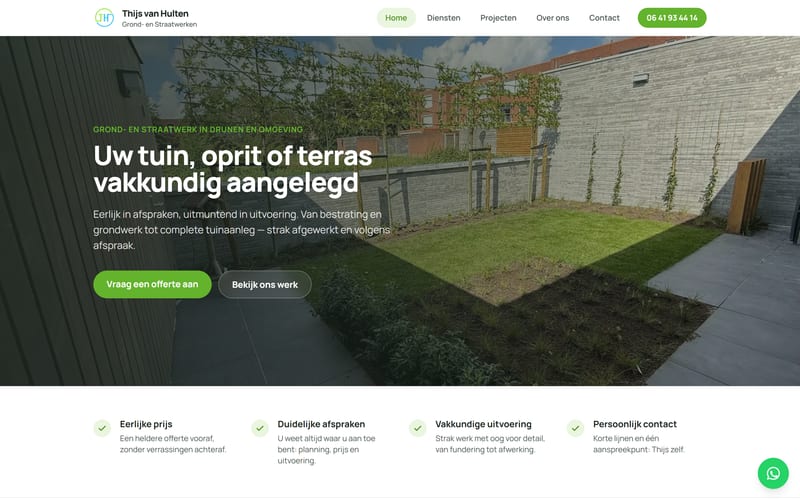 Homepage van thijsvanhulten.nl met de kop 'Uw tuin, oprit of terras vakkundig aangelegd'